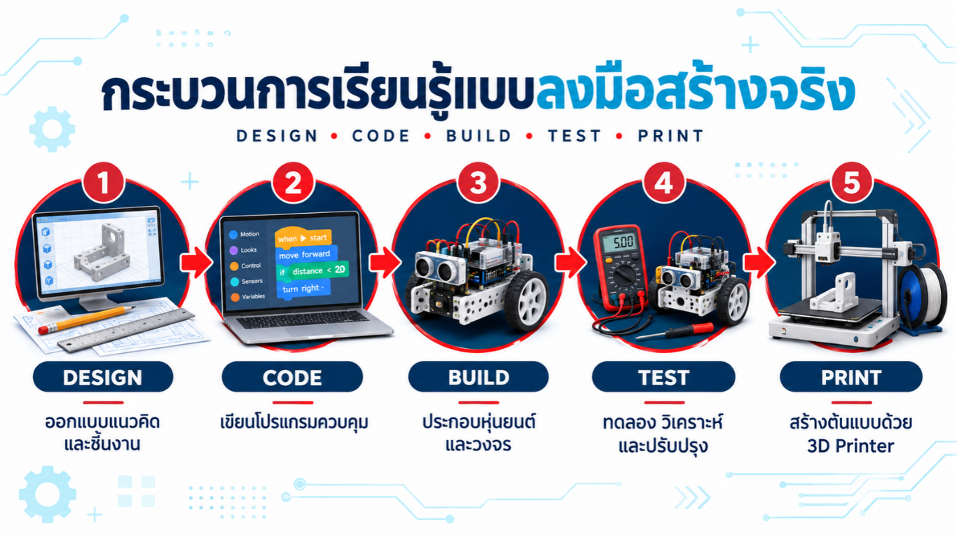 กระบวนการเรียนรู้ในห้อง STEM Start Lab ตั้งแต่การออกแบบ เขียนโปรแกรม ประกอบหุ่นยนต์ ทดลองวงจร และพิมพ์ชิ้นงาน 3 มิติ