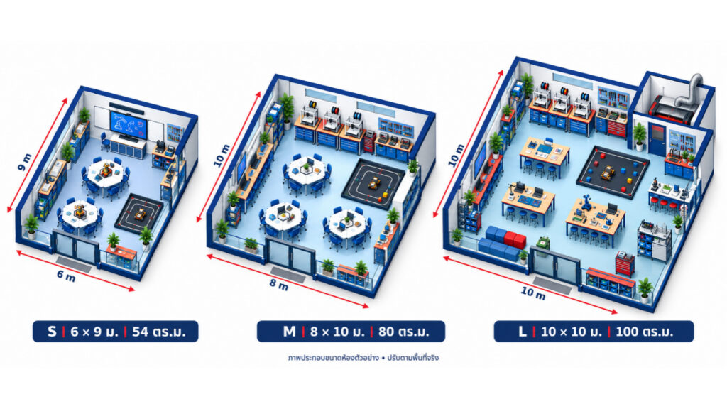 ตัวอย่างการวางผังห้องเรียน STEM MAKERSPACE ขนาด 54 80 และ 100 ตารางเมตร